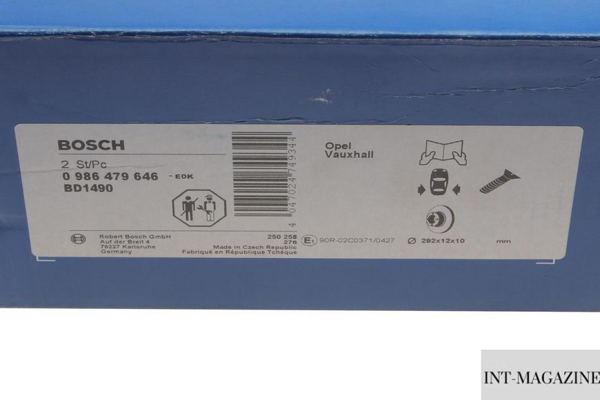 Гальмівний диск задній Chevrolet Cruze/Opel Astra J 09- (292x12) Bosch 0986479646 BO 0986479646 фото