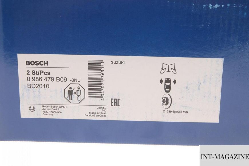 Гальмівний диск передній Suzuki Jimny 1.3 16V 01- (289.6x10) Bosch 0986479B09 BO 0986479B09 фото