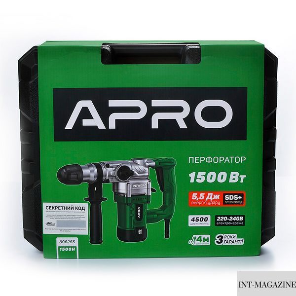 Перфоратор бочковой APRO 5,5Дж, 1500В, SDS+, 1500H, кейс (896255) 896255 фото